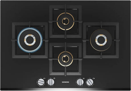 A black Siemens iQ500 gas hob with tempered glass surface, featuring four burners and control knobs.