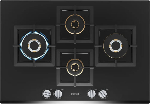 A black Siemens iQ500 gas hob with tempered glass surface, featuring four burners and control knobs.