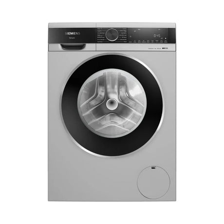Front view of a Siemens fully automatic front loader washing machine with a capacity of 9 kg, model iQ700 WG44A2ZSIN, in silver color.
