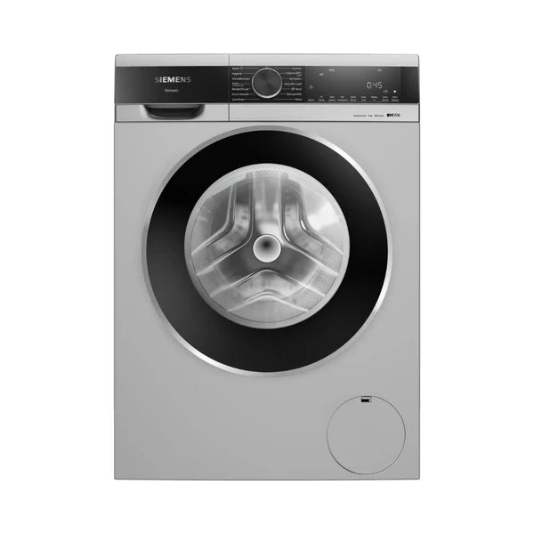 Front view of a Siemens fully automatic front loader washing machine with a capacity of 9 kg, model iQ700 WG44A2ZSIN, in silver color.