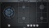 A black Siemens iQ700 gas hob with ceramic surface and sword knobs, featuring stepFlame Technology.