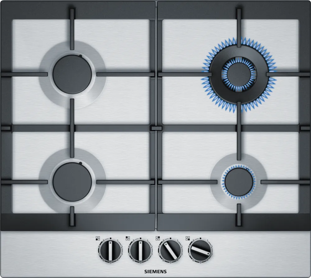 A Siemens iQ500 Gas hob, 60 cm wide, made of stainless steel with four cooking zones and a central wok burner.