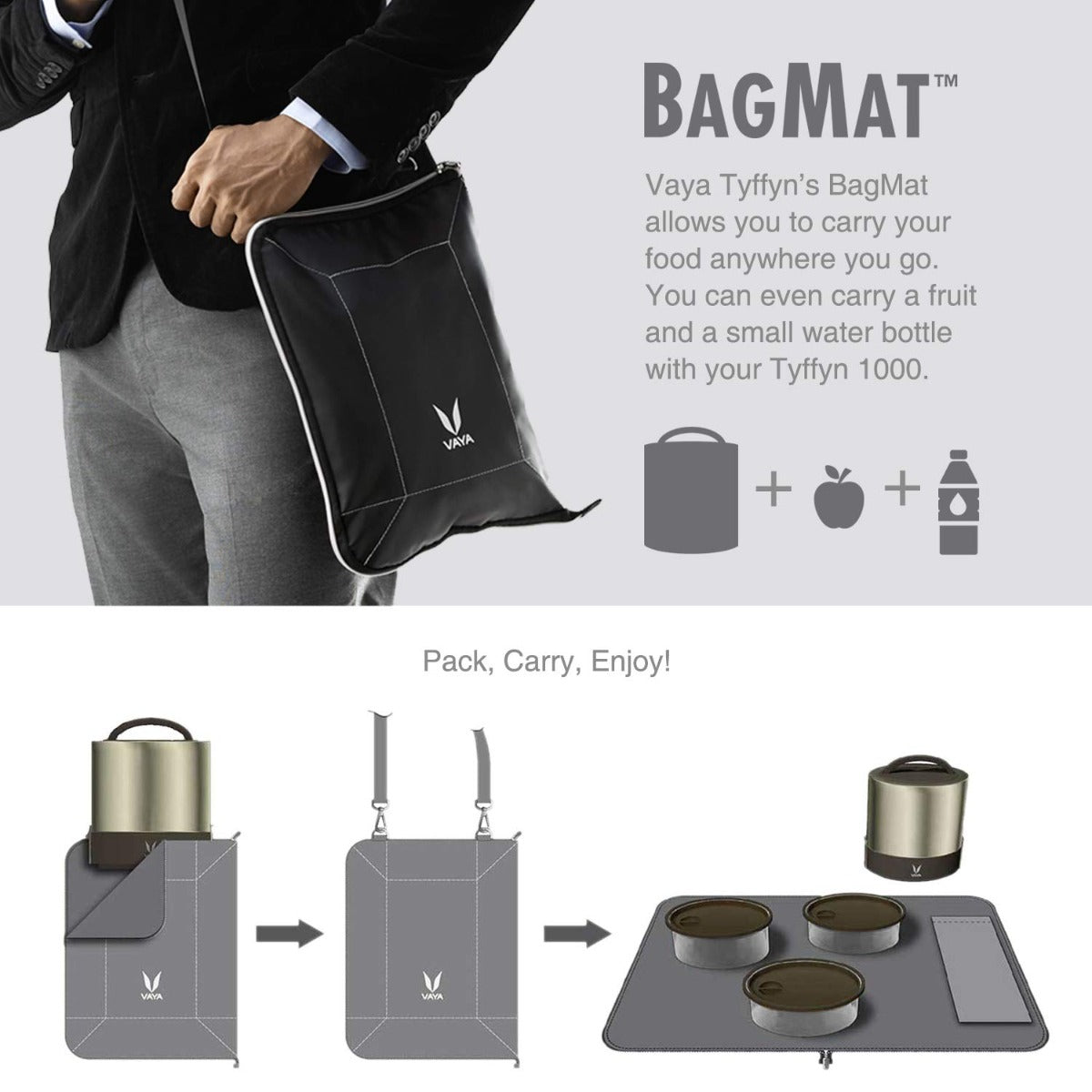 Vaya Tyffyn Silver Polished Stainless Steel Lunch Box with Bagmat, 1000 ml, 3 Containers, Silver