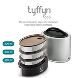 Vaya Tyffyn Silver Polished Stainless Steel Lunch Box with Bagmat, 1000 ml, 3 Containers, Silver