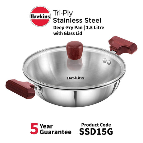 HAWKINS TRI-PLY STAINLESS STEEL DEEP FRY PAN WITH LID 1.5 LITRE