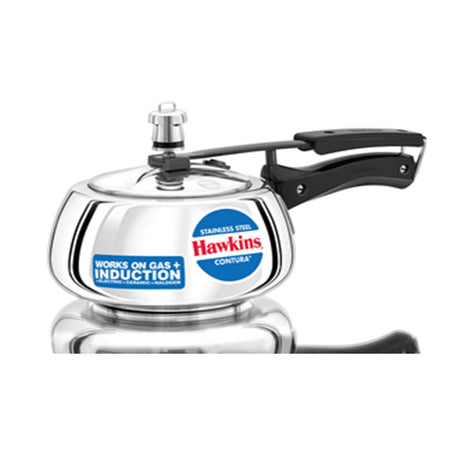 HAWKINS STAINLESS STEEL CONTURA PRESSURE COOKER 2 LITRE : SSC20 WITH HAWKINS GENUINE 2 GASKET & 2 SAFETY VALVE