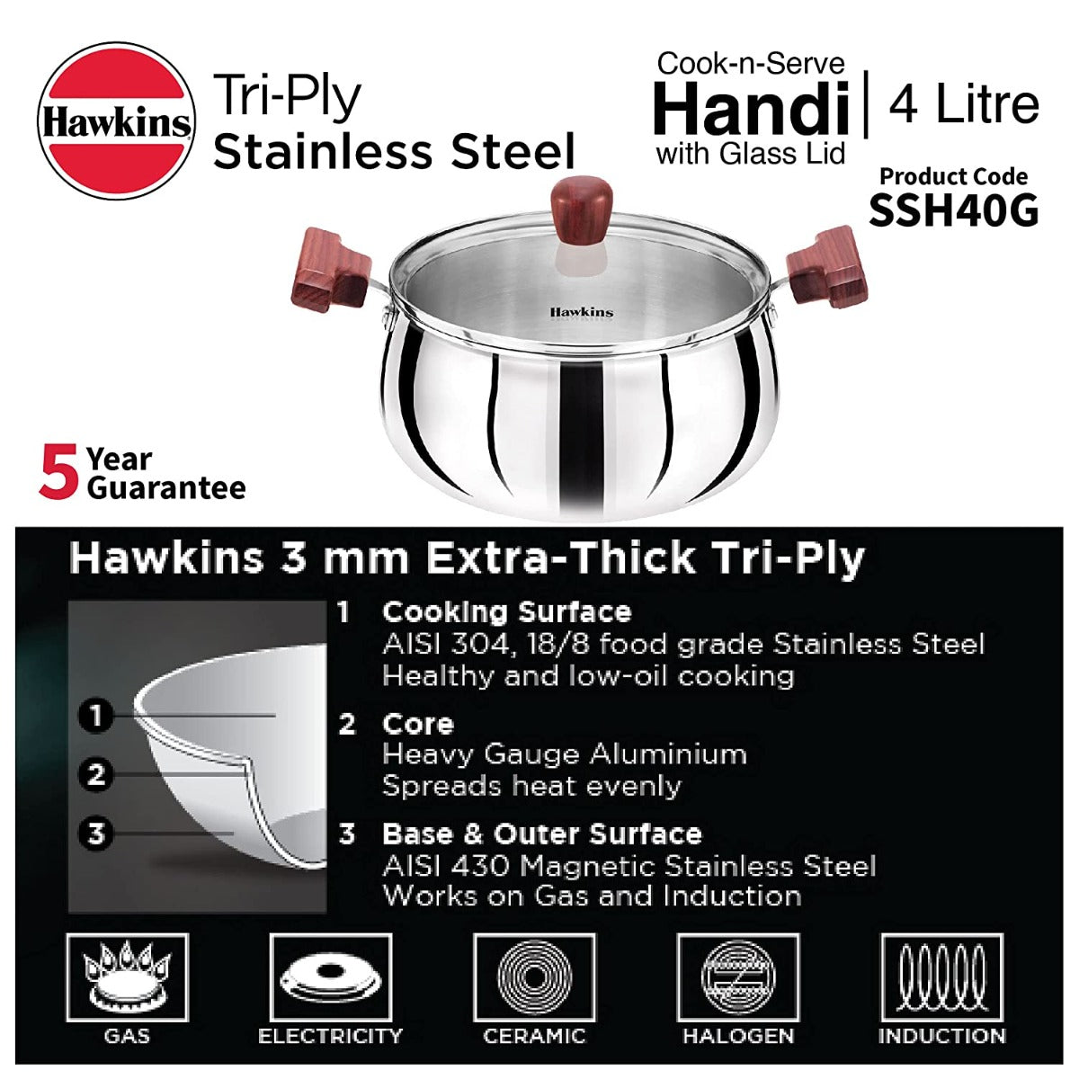 Hawkins Stainless Steel Handi 4 Litre with Glass lid (SSH40G)