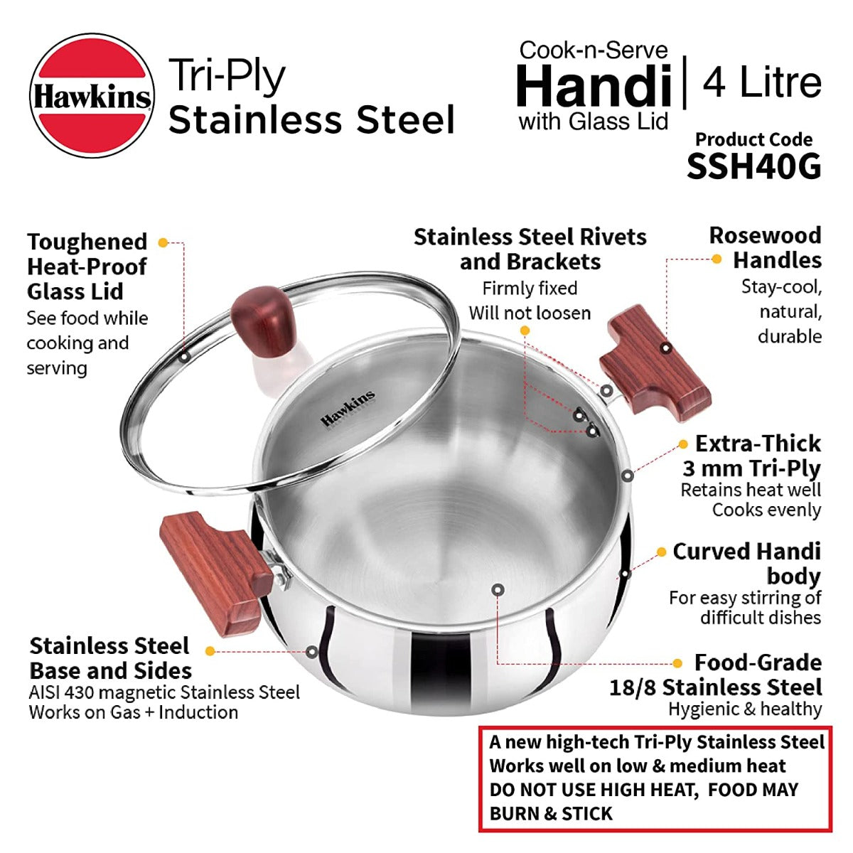 Hawkins Stainless Steel Handi 4 Litre with Glass lid (SSH40G)