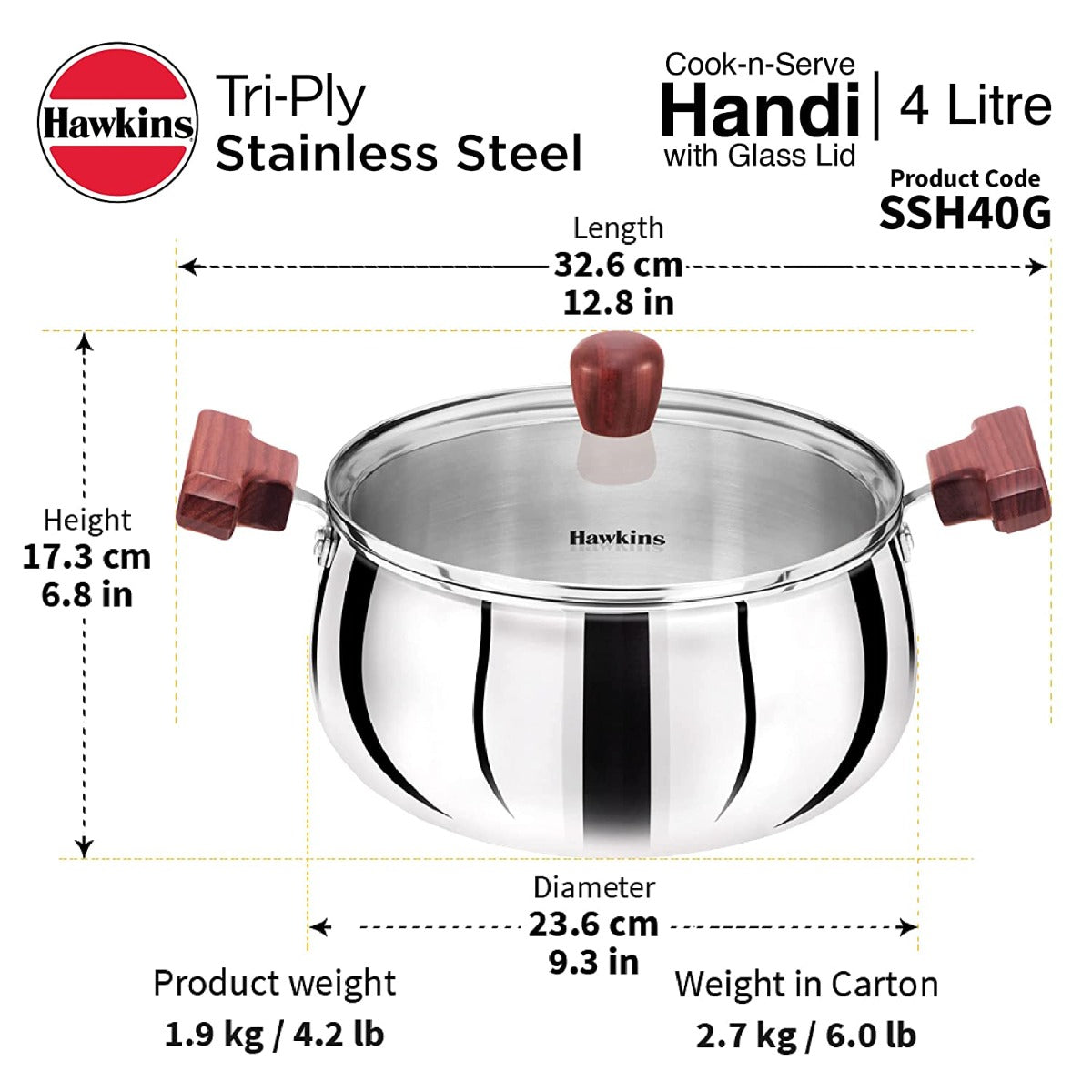 Hawkins Stainless Steel Handi 4 Litre with Glass lid (SSH40G)