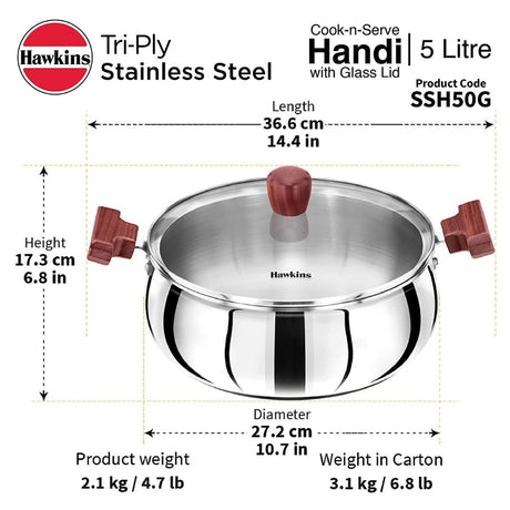 Hawkins Stainless Steel Handi 5 Litre With Glass Lid SSH50G