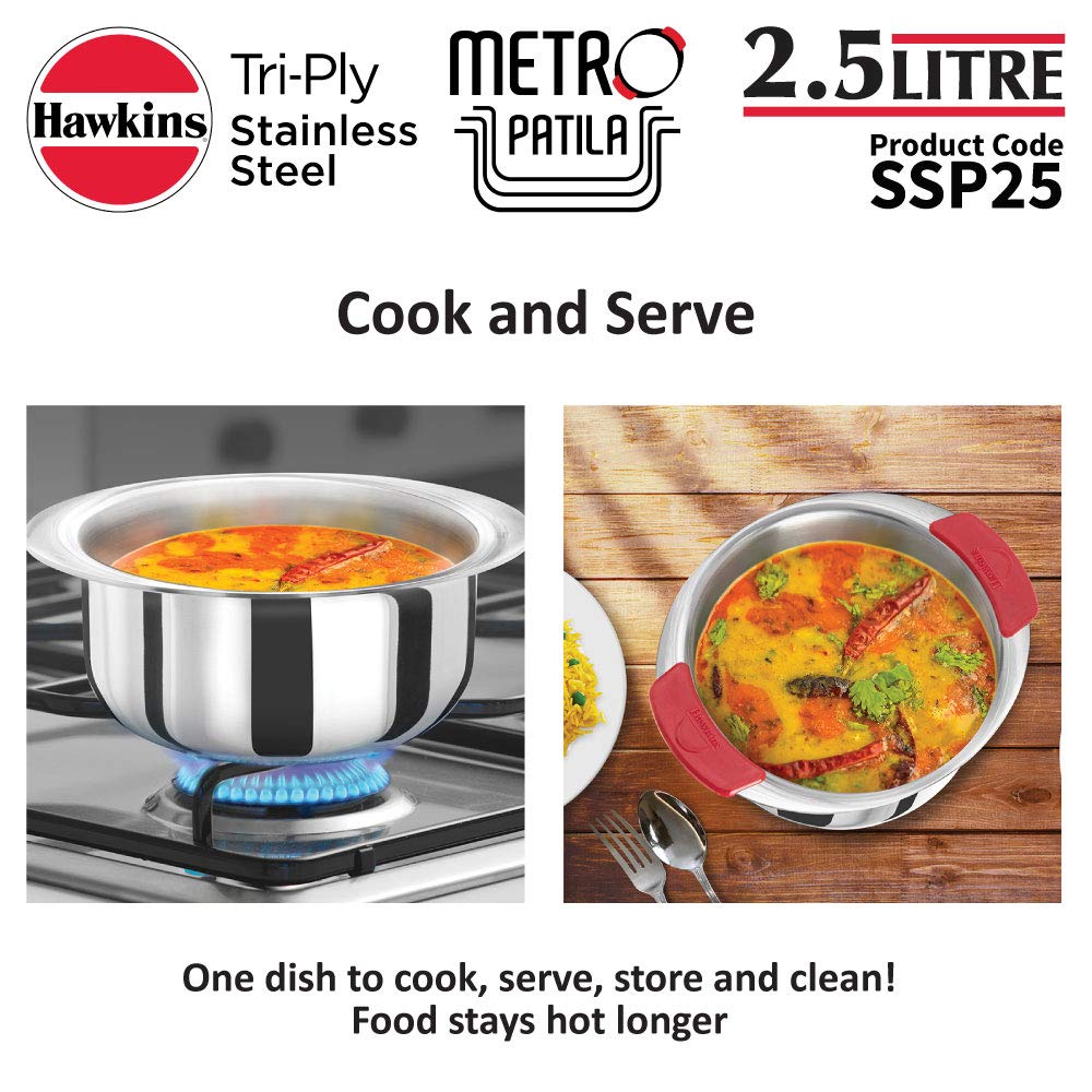 Hawkins Metro Patila Tri-Ply Stainless Steel Induction Safe With Silicone Grips 2.5 Litre (SSP25)