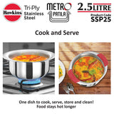 Hawkins Metro Patila Tri-Ply Stainless Steel Induction Safe With Silicone Grips 2.5 Litre (SSP25)