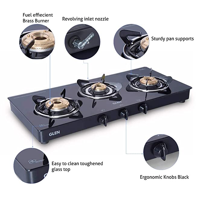 Glen 1032 GT HF BB Drip Tray 3 Burner Toughened Glass Top Gas Stove