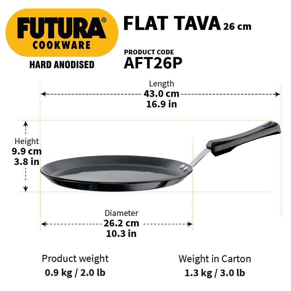 Hawkins 26cm Futura Hard Anodised Flat Tawa with Plastic Handle AFT26P