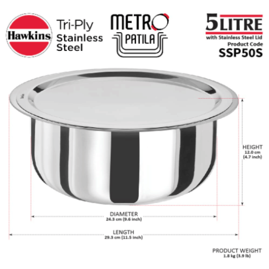 Hawkins 5 Litre Metro Patila, Triply Stainless Steel Tope with Stainless Steel Lid, SSP50S