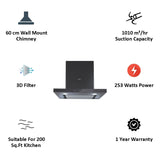 Elica Chimney SPOT H4 EDS HE LTW 60 NERO T4V LED 60cm Wall Mount Chimney (Touch Control