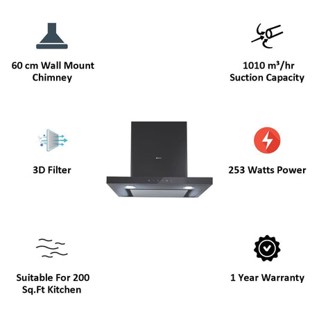 Elica Chimney SPOT H4 EDS HE LTW 60 NERO T4V LED 60cm Wall Mount Chimney (Touch Control