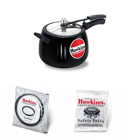 Hawkins Contura Black Pressure Cooker Contura Black 6.5 Litre : CB65 with Hawkins Genuine 2 Gasket & 2 Safety Valve