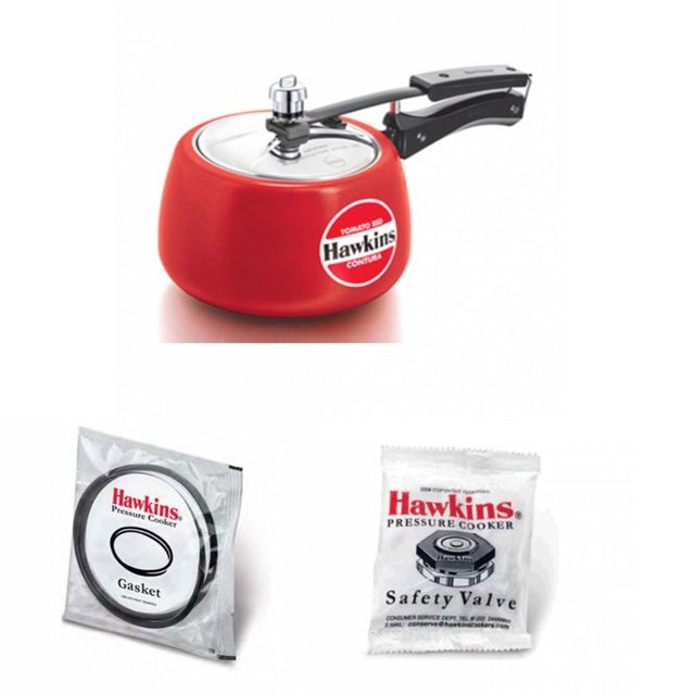 Hawkins Contura Ceramic Coated Pressure Cooker Tomato Rins 3L: CTR30 with Hawkins Futura Genuine 2 Gasket & 2 Safety Valve