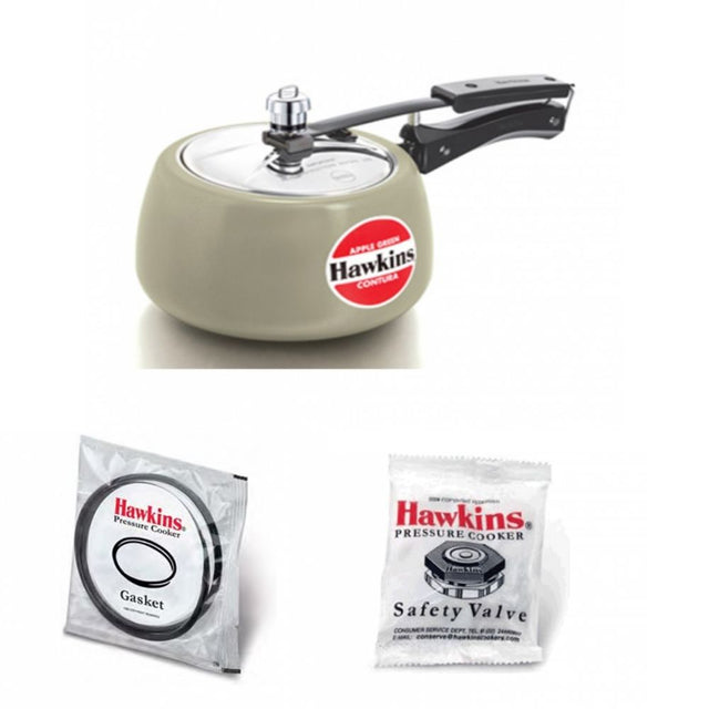 Hawkins Ceramic-Coated Contura Pressure Cooker Apple Green 3L: CAG30 with Hawkins Genuine 2 Gasket & 2 Safety Valve