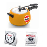 Hawkins Ceramic Coated Contura Pressure Cooker Mustard Yellow 5 Litre : CMY50 with Hawkins Genuine 2 Gasket & 2 Safety Valve