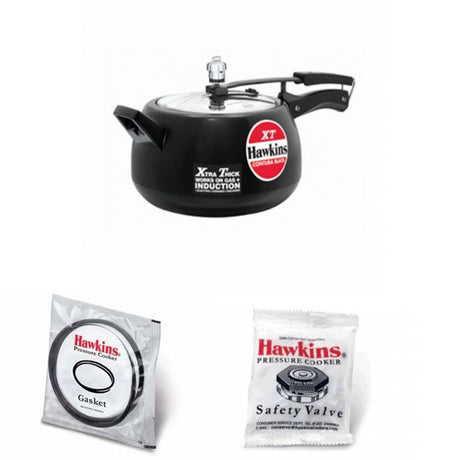 Hawkins 5 Litre Contura Black Hard anodised Pressure Cooker : CXT50 with 2 Gasket & 2 Safety Valve