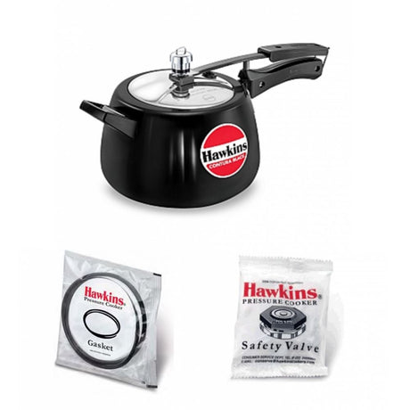 Hawkins 4 Litre Contura Black Pressure Cooker : CB40 with Hawkins Genuine 2 Gasket & 2 Safety Valve