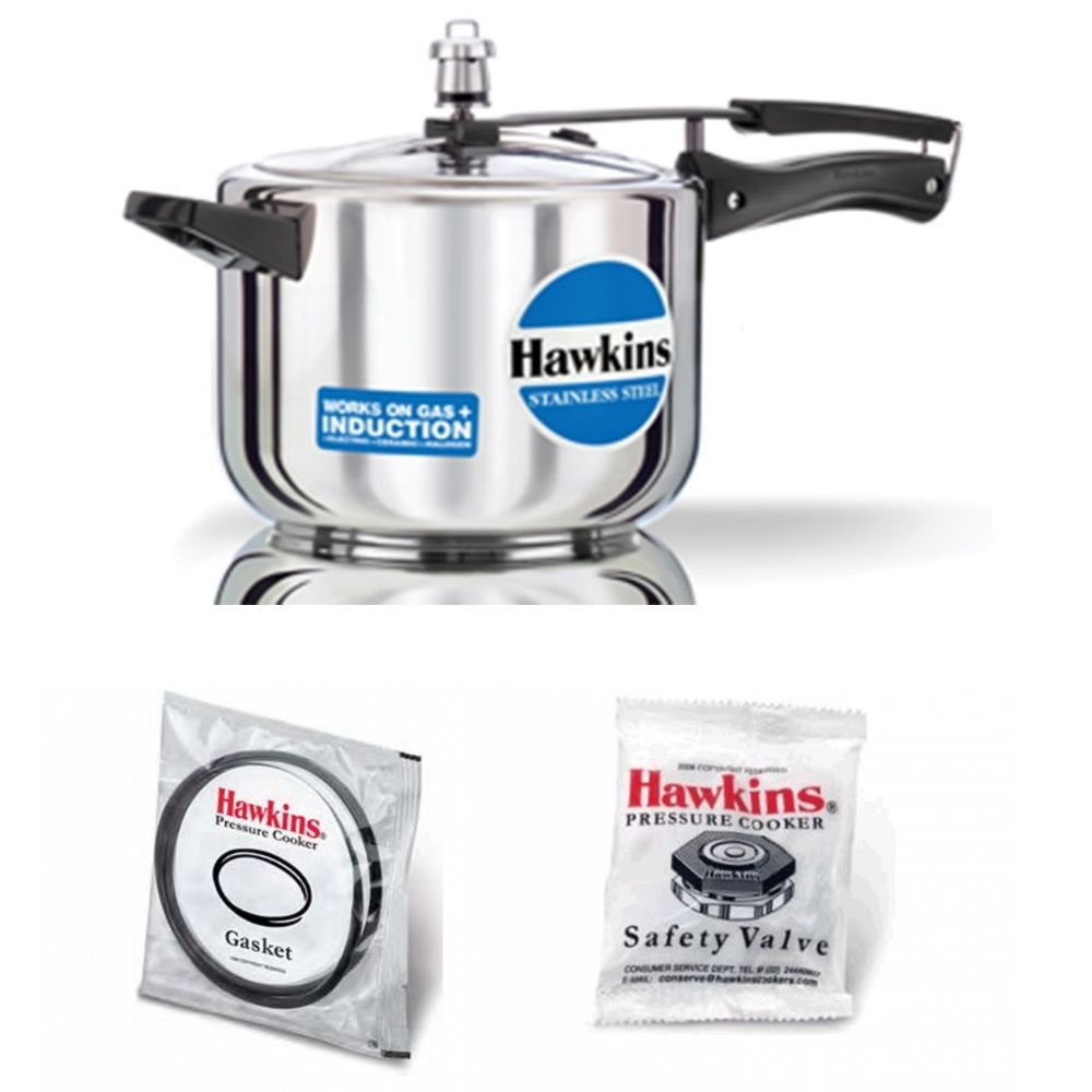 Hawkins Stainless Steel Pressure Cooker 5 Litre: HSS 50 with Hawkins Genuine 2 Gasket & 2 Safety Valve