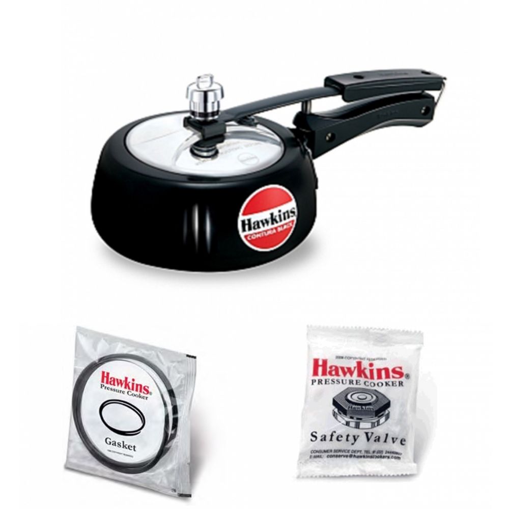 Hawkins 1.5 Litre Contura Black Pressure Cooker : CB15 with Hawkins Genuine 2 Gasket & 2 Safety Valve