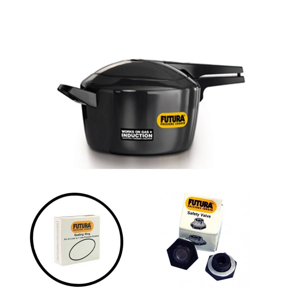 Futura Pressure Cooker 6 Litre: FP60 with Hawkins Futura Genuine 2 Gasket & 2 Safety Valve