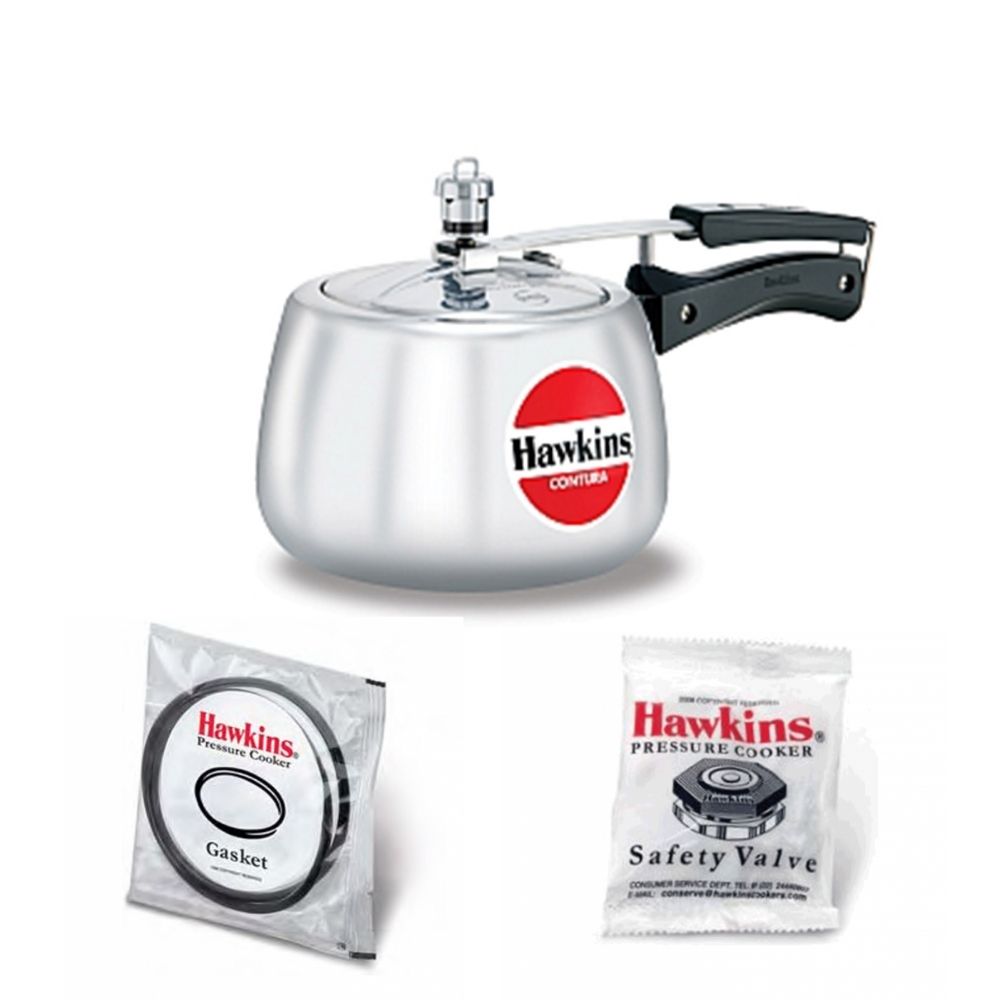 Hawkins Contura Pressure Cooker 3 Litre: HC30 with Hawkins Genuine 2 Gasket & 2 Safety Valve