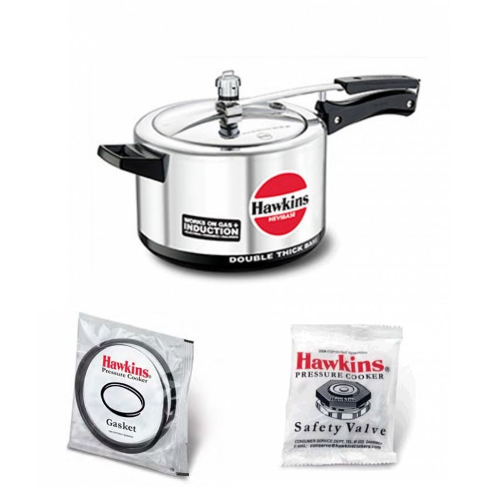 Hawkins Hevibase Pressure Cooker 5 Litre: IH50 with Hawkins Genuine 2 Gasket & 2 Safety Valve