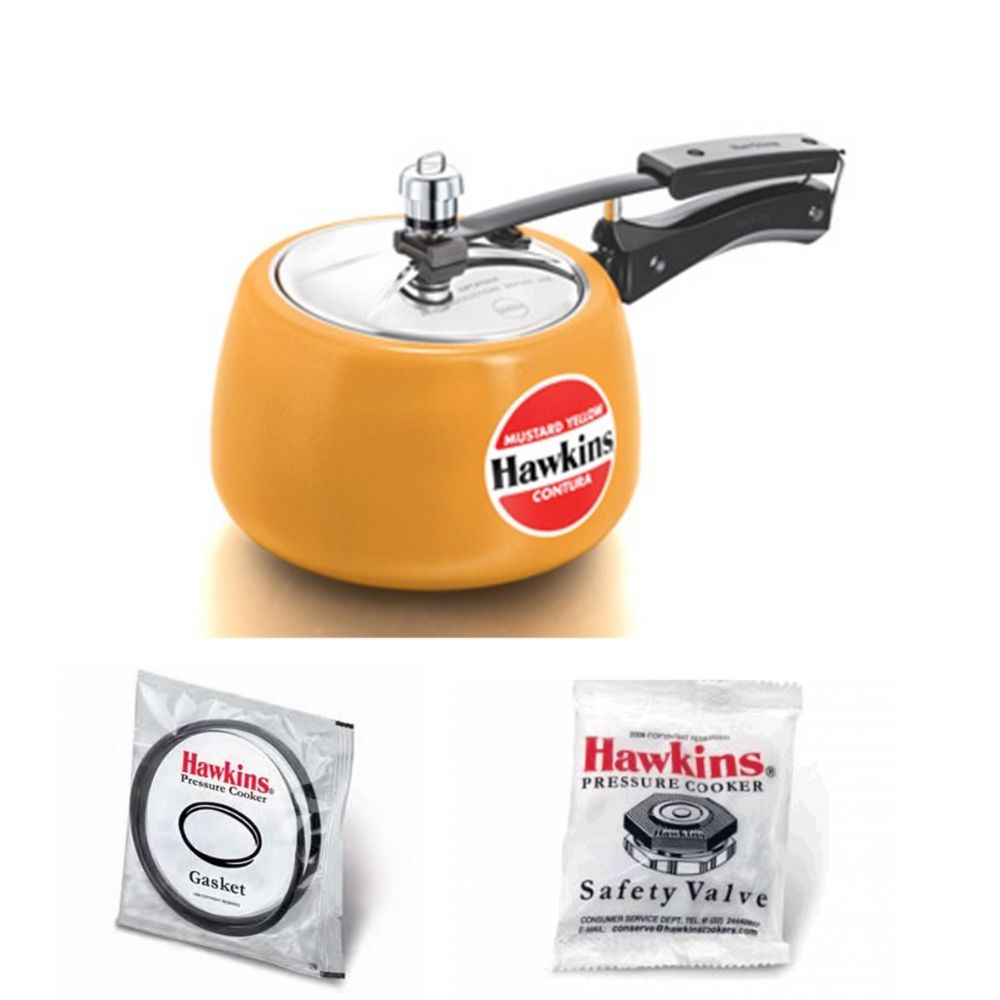 Hawkins Contura Ceramic Coated Pressure Cooker Mustard Yellow 3L: CMY30 with Hawkins Genuine 2 Gasket & 2 Safety Valve