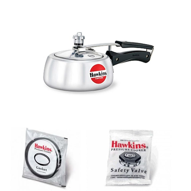 Hawkins Contura Pressure Cooker 1.5 Litre: HC15 with Hawkins Genuine 2 Gasket & 2 Safety Valve	