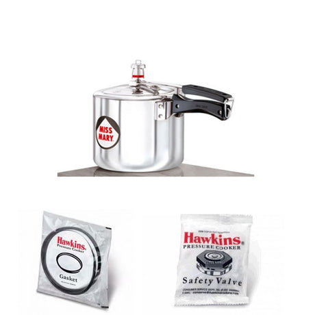 Hawkins Miss Mary Pressure Cooker 3.5 Litre : MM 35  with Hawkins Genuine 2 Gasket & 2 Safety Valve