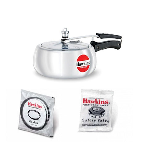 Hawkins Contura Pressure Cooker Contura 3.5 Litre : HC35 with Hawkins Genuine 2 Gasket & 2 Safety Valve