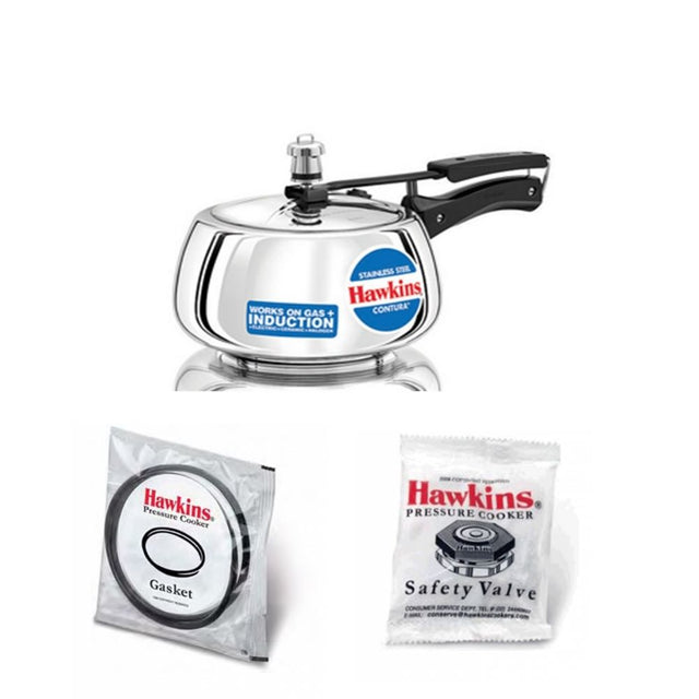 Hawkins Stainless Steel Contura Pressure Cooker 3L SSC30 with Hawkins Genuine 2 Gasket & 2 Safety Valve