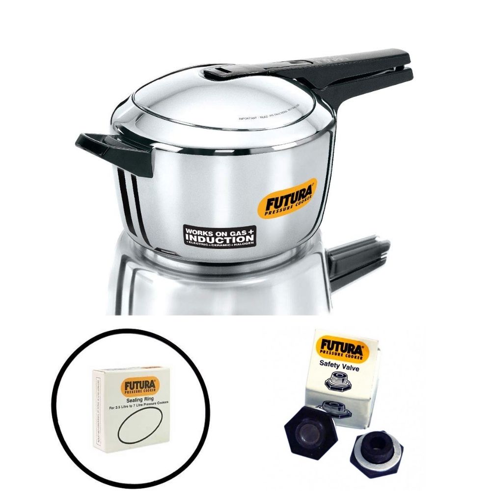 Hawkins Futura Stainless Steel Pressure Cooker 5.5 Ltr.: FSS55 with Hawkins Futura Genuine 2 Gasket & 2 Safety Valve