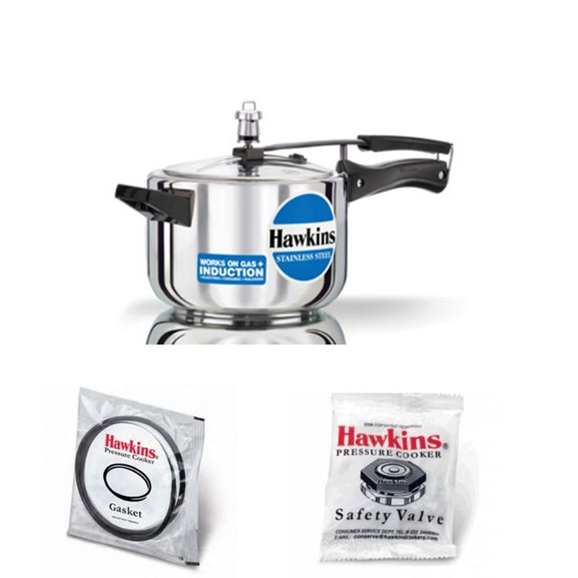 Hawkins Stainless Steel Pressure Cooker Stainless Steel 4 Ltr. HSS 40 with Hawkins Genuine 2 Gasket & 2 Safety Valve