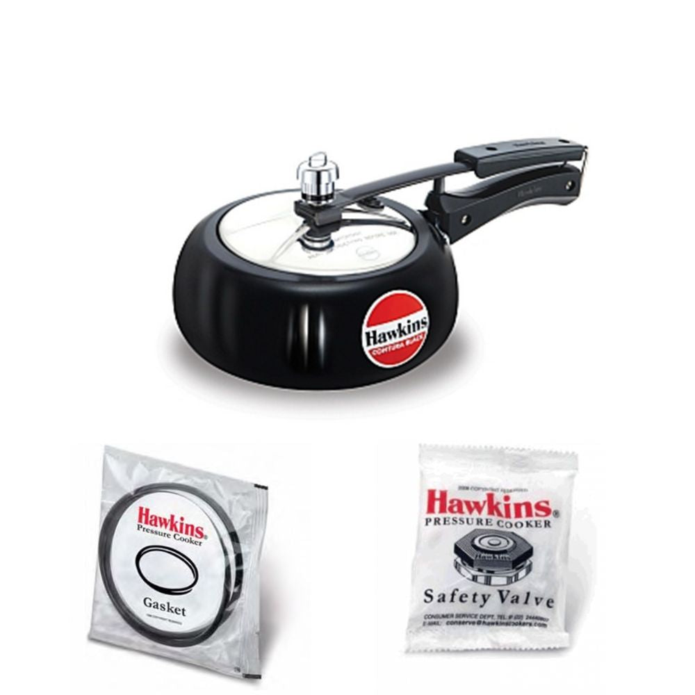 Hawkins Contura Black Pressure Cooker 2 Litre: CB20 with Hawkins Genuine 2 Gasket & 2 Safety Valve