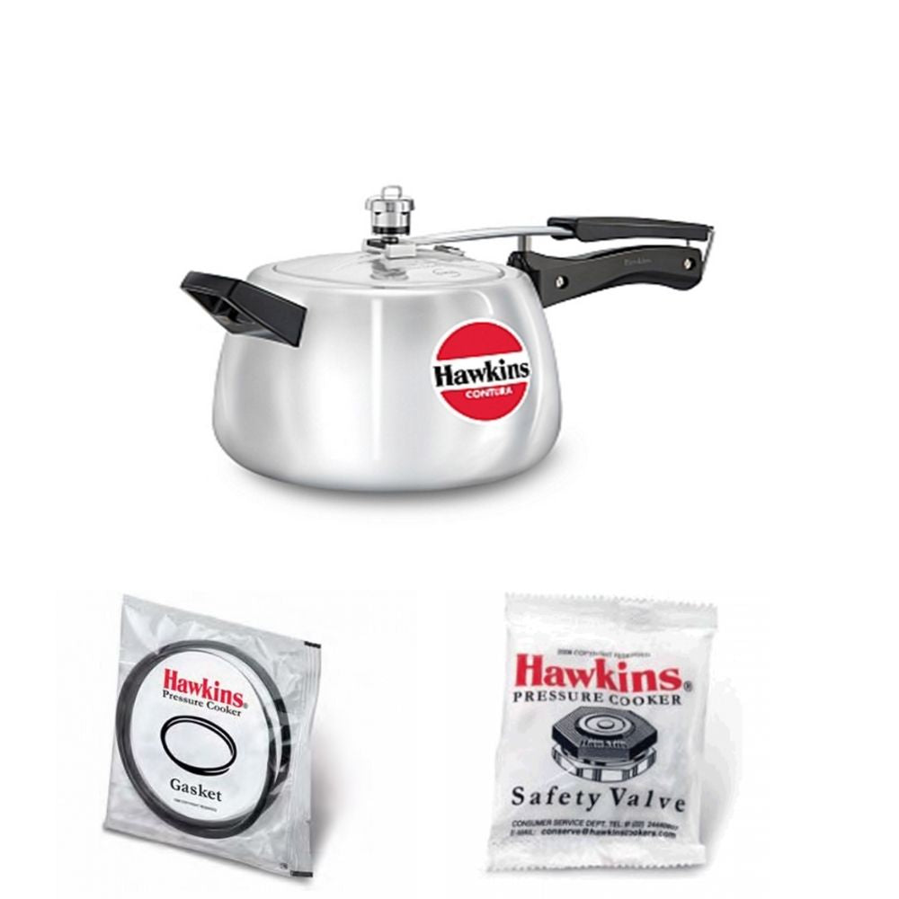 Hawkins Contura Pressure Cooker 4 Litre: HC40 with Hawkins Genuine 2 Gasket & 2 Safety Valve