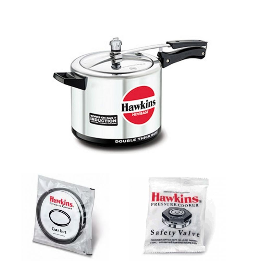 Hawkins Hevibase Pressure Cooker 6.5 Litre: IH65  with Hawkins Genuine 2 Gasket & 2 Safety Valve