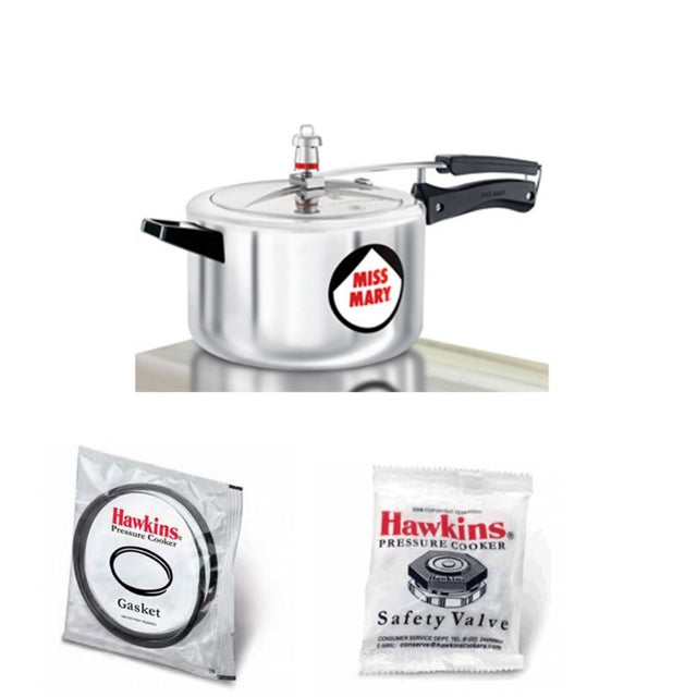 Hawkins Miss Mary Pressure Cooker 4.5 Litre: MM 45 with Hawkins Genuine 2 Gasket & 2 Safety Valve