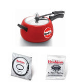 Hawkins Ceramic-Coated Contura Pressure Cooker Tomato Red 5L: CTR50 with Hawkins Genuine 2 Gasket & 2 Safety Valve