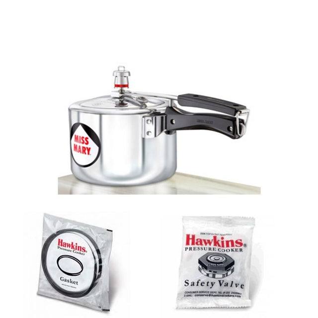 Hawkins Miss Mary Pressure Cooker 3 Litre: MM 30 with Hawkins Genuine 2 Gasket & 2 Safety Valve