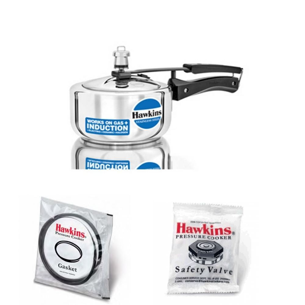 Hawkins Stainless Steel Pressure Cooker Stainless Steel 2 Litre: HSS 20 with Hawkins Genuine 2 Gasket & 2 Safety Valve