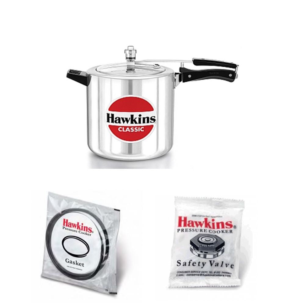 Hawkins Classic Pressure Cookers 8 Litre : CL8T with Hawkins Genuine 2 Gasket & 2 Safety Valve