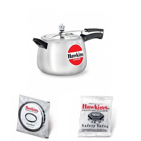 Hawkins Contura Pressure Cooker 6.5 Litre : HC65 with Hawkins Genuine 2 Gasket & 2 Safety Valve