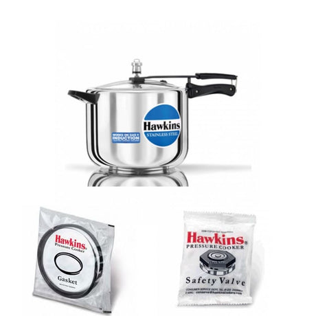 Hawkins Stainless Steel Pressure Cooker 10 Ltr. HSS 10 with Hawkins Genuine 2 Gasket & 2 Safety Valve