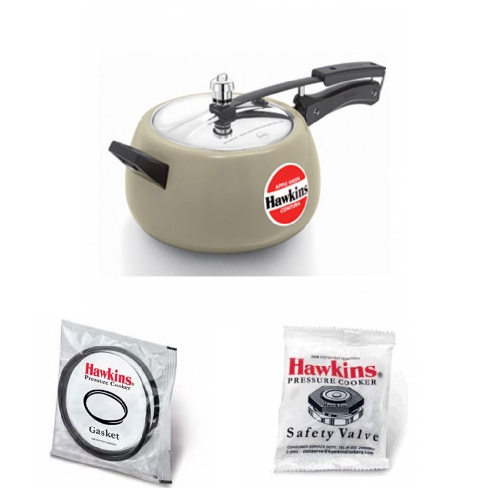 Hawkins Ceramic Coated Contura Pressure Cooker Apple Green 5L: CAG50 with Hawkins Genuine 2 Gasket & 2 Safety Valve